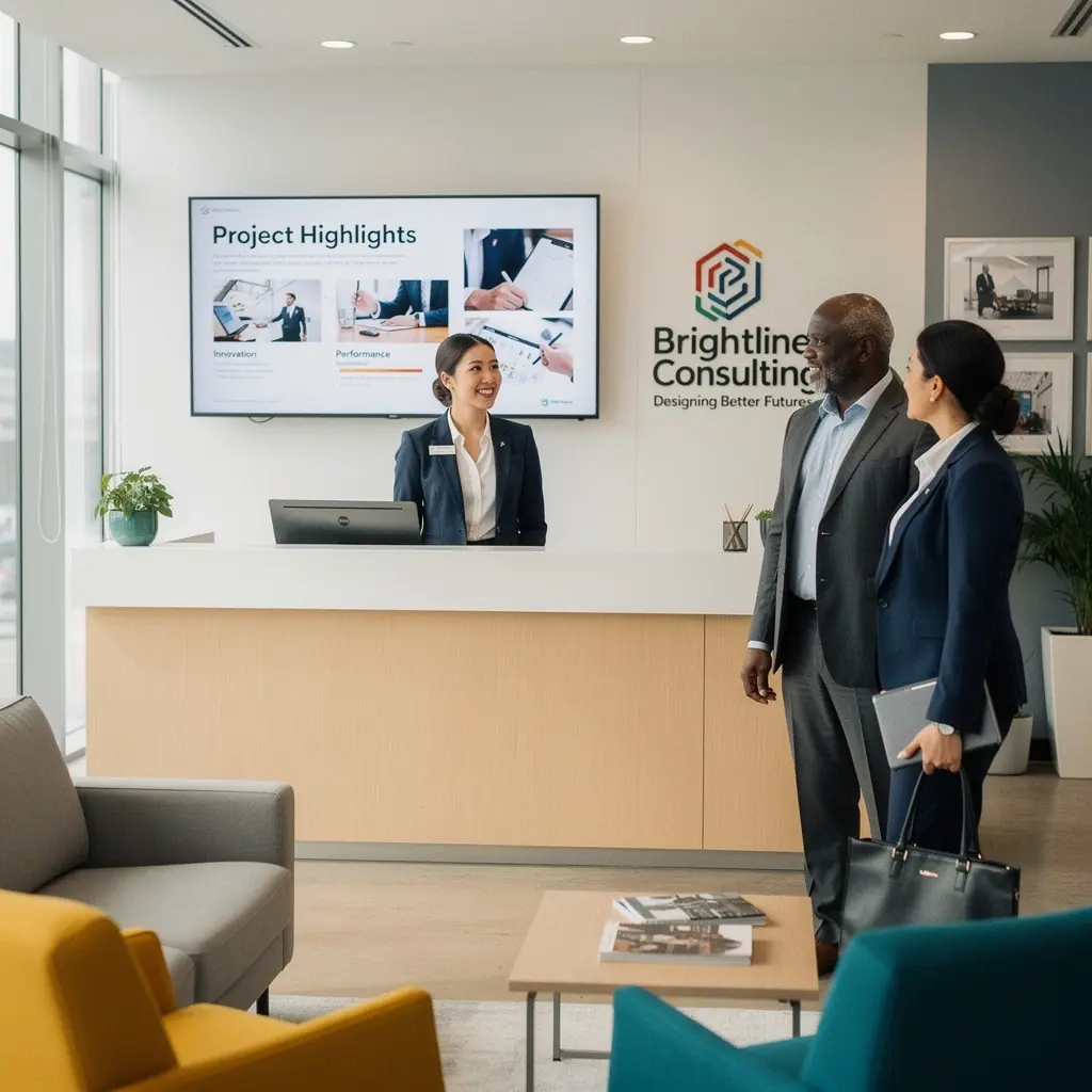 Указатели и signage, размещенные в интерьере офиса.