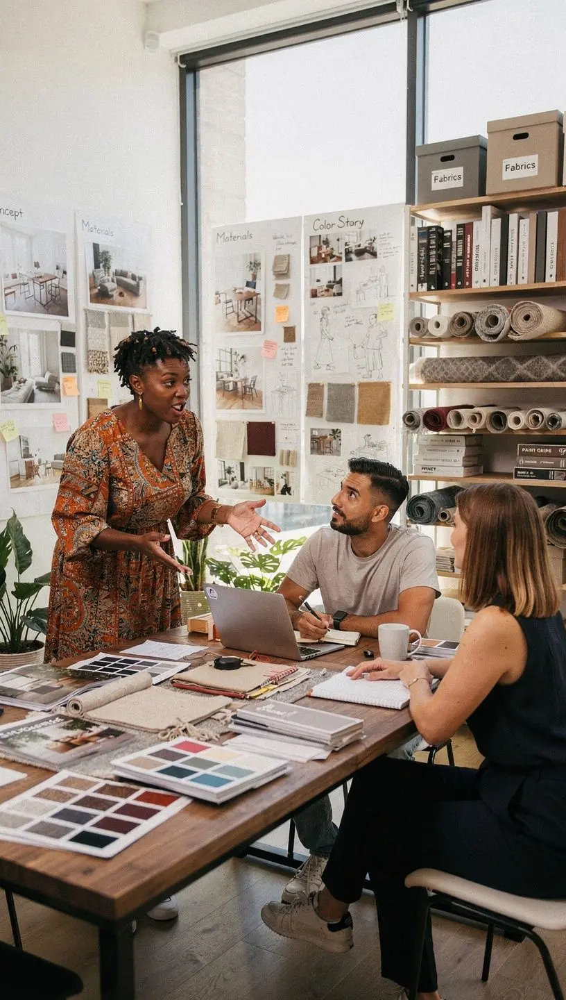 Современный офис с яркими цветами и стильной мебелью.