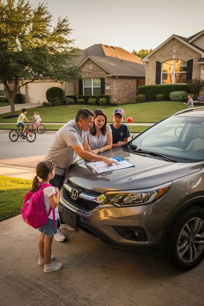Изображение автомобиля на фоне города, символизирующее важность автострахования для повседневных поездок.
